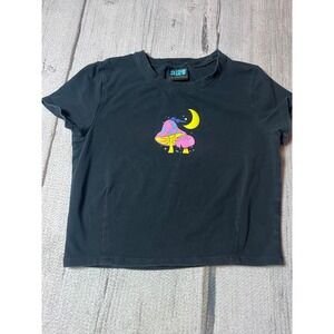 Y2K A-Lab Black‎ Mushroom Moon Graphic Baby Tee Junior Large Short Sleeve